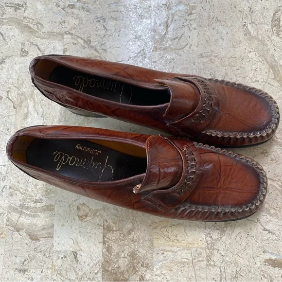Vintage Brown Leather Slip On Penny Loafers Block Heel Size 8.5 M/W - Picture 3 of 12
